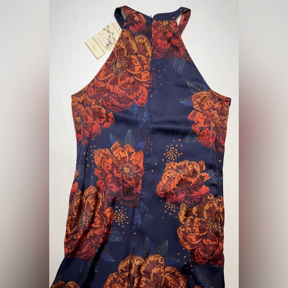 ANTHROPOLOGIE FARM RIO SLEEVELESS FLORAL HALTER JUMPSUIT SIZE M NAVY/ORANGE NWT - Picture 9 of 11